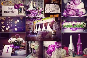 Пурпурная свадьба: приглашение, торт, шампанские, цветы, рассадка гостей
