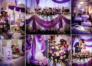 Пурпурная свадьба с пригласительными, коктейлями, букетами, сладостями