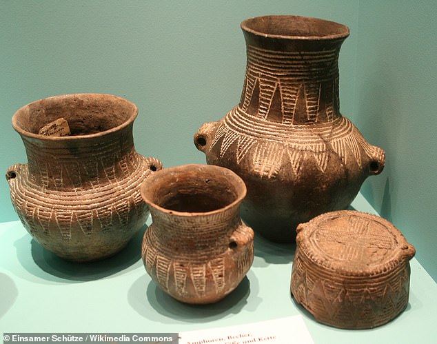 Carbon dating of a range of products, including arrowheads, bell-shaped pots (pictured) found the Iberian civilisation known as the Bell beaker people collided with the Yamnaya descendants