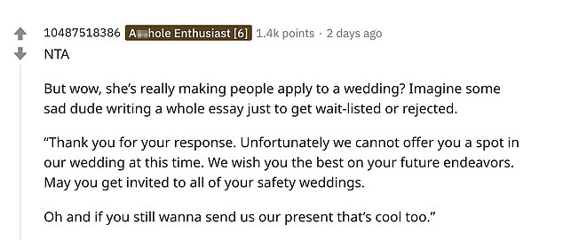 The 27-year-old sister said the wedding was postponed to February 2021 due to the coronavirus pandemic and so the bride was forced to cull her guest list (Reddit post pictured)