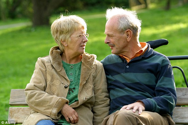 Happy old couple on bench in park