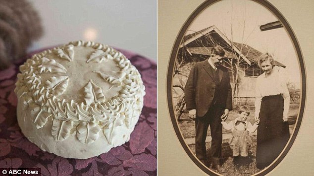 Ronald Warninger came across the 100-year-old cake, left, when cleaning out his garage. It was made for the marriage of his grandparents Harvey and Inez Warninger, right