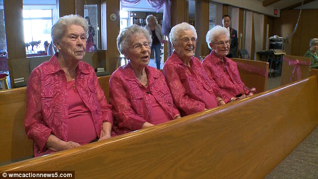 Lorraine Quinn, 94, Elsie Trapp, 96, Irene McGuire, 95, and Elaine Ogren, 90 (pictured from left to right) all served as flower ladies during the wedding of their fitness instructor in Saint Paul, Minnesota
