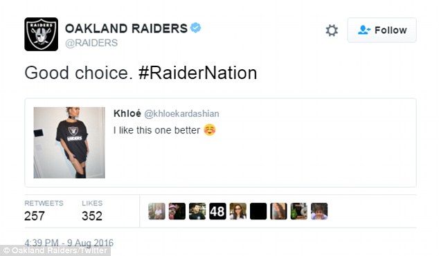 They noticed: The Oakland Raiders took note of Khloe