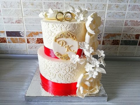 Мой Первый Свадебный торт, работа с Трафаретом, оформление Пионами из мастики