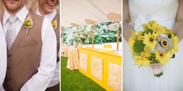свадебный зал и букет в желто-бежевых цветах