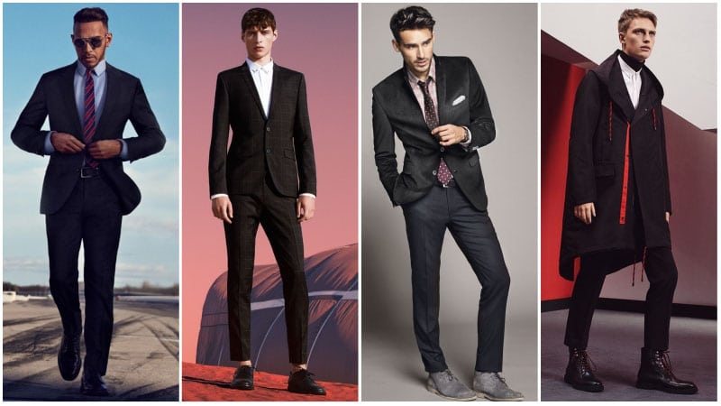 Мужчины в темных деловых костюмах, цветовые сочетания в одежде