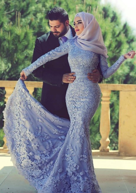 Голубое арабское свадебное платье