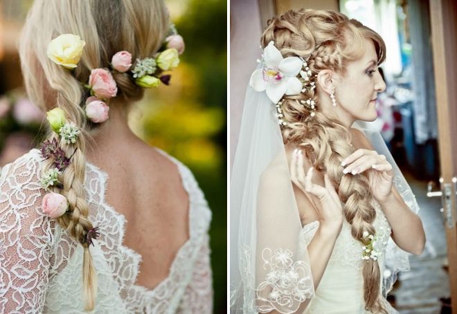свадебная прическа коса с цветами