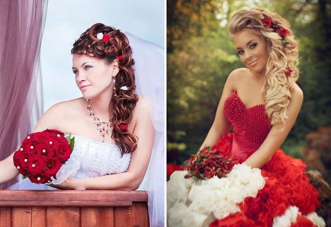 свадебные прически с красными цветами в волосах