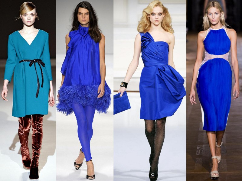 Универсальность синего цвета – широкий простор для фантазии дизайнеров и леди всех цветотипов при формировании луков с платьем и туфлями