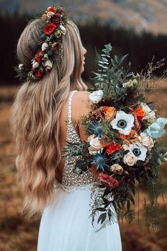 easy wedding hairstyles long wavy loose hair with flower crown stephanie_danielle