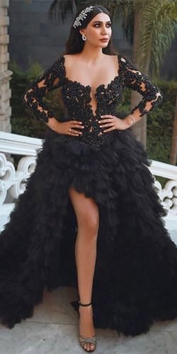 black wedding dresses high low with long sleeves lace tulle skirt said