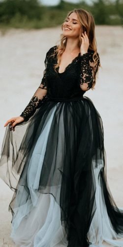  black wedding dresses princess with long sleeves tulle skirt stylishbrideacc