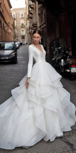 ball gown wedding dresses simple with long sleeves v neckline ruffled skirt naviblue